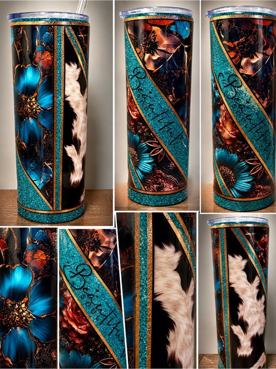 Source Unknown Other - Handmade Western Country Cowhide Teal Glitter Floral Slim Tumbler beautiful soul